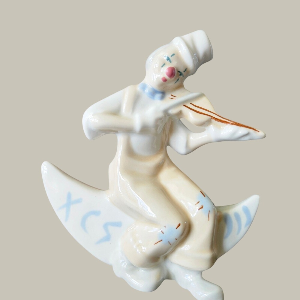 Vtg Porcelain Clown Playing Violin on Crescent Moon XCS Figure